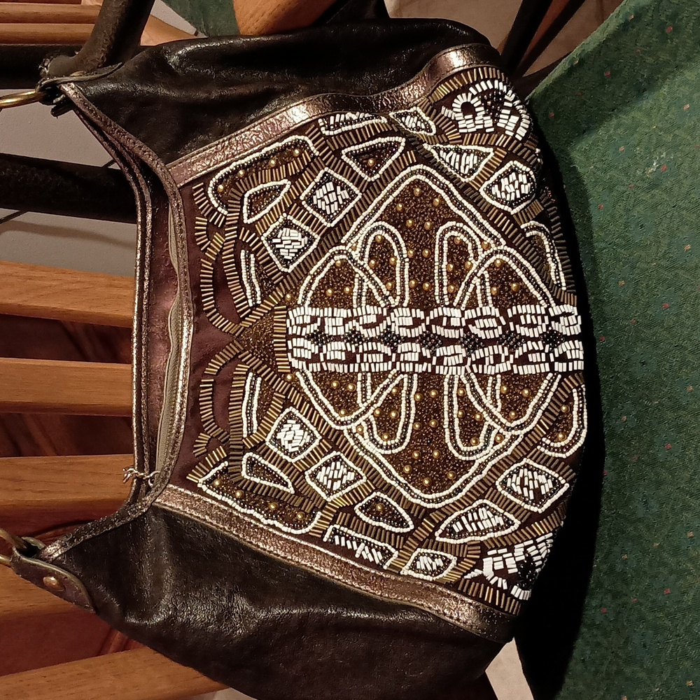 Isabella Fiore Anna Beaded Shoulder Bag Bronze Metallic Leather Boho Hobo